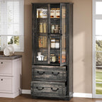YITAHOME 76'' Kitchen Pantry Cabinet with 2 Drawers, Tall Storage Cabinet with Glass Doors & Adjustable Shelves, Freestanding Display Curio Cabinet for Collectibles, Living Room, Dark Rustic Oak