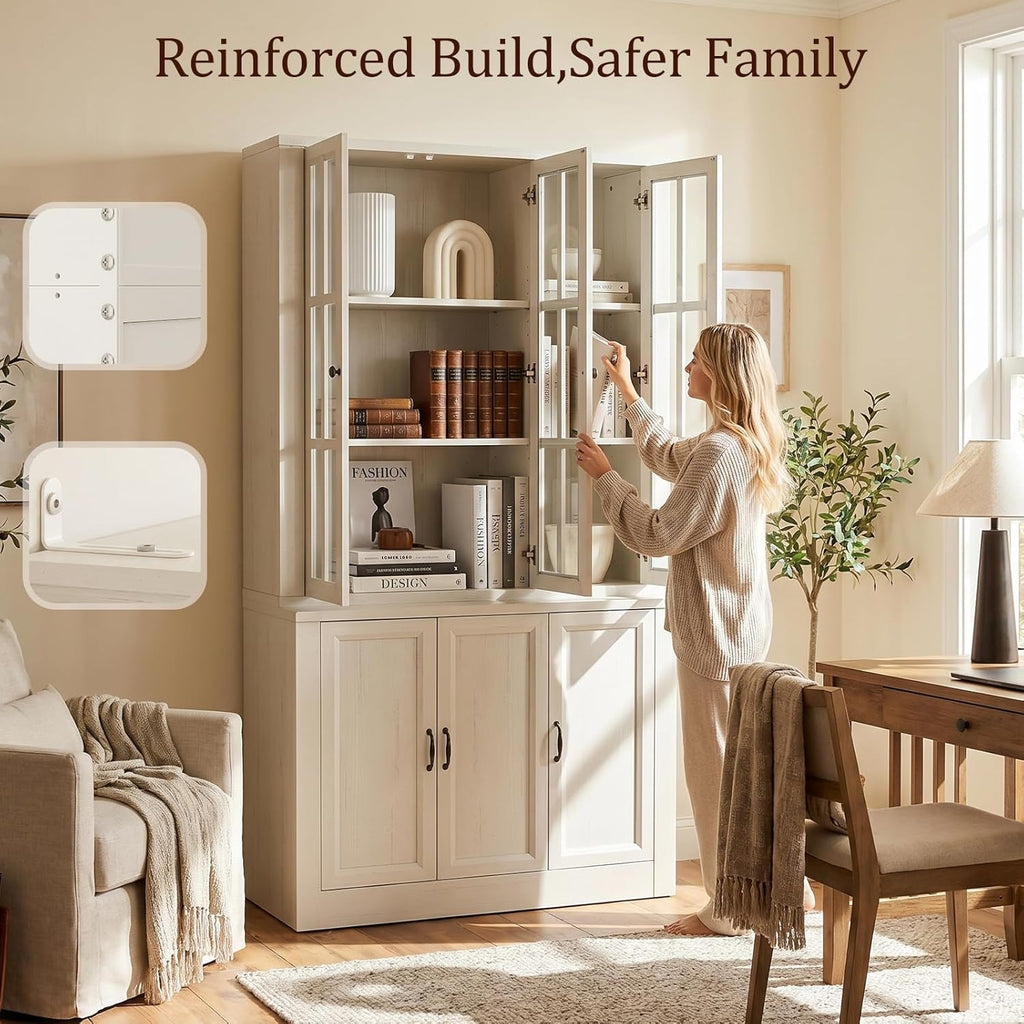 80" Modular Kitchen Pantry Cabinet, 2-in-1 Freestanding Tall Pantry Cabinet with Glass Doors & Adjustable Shelves, Large Hutch Storage Cabinet for Kitchen & Living Room (2, White, 6 Doors)