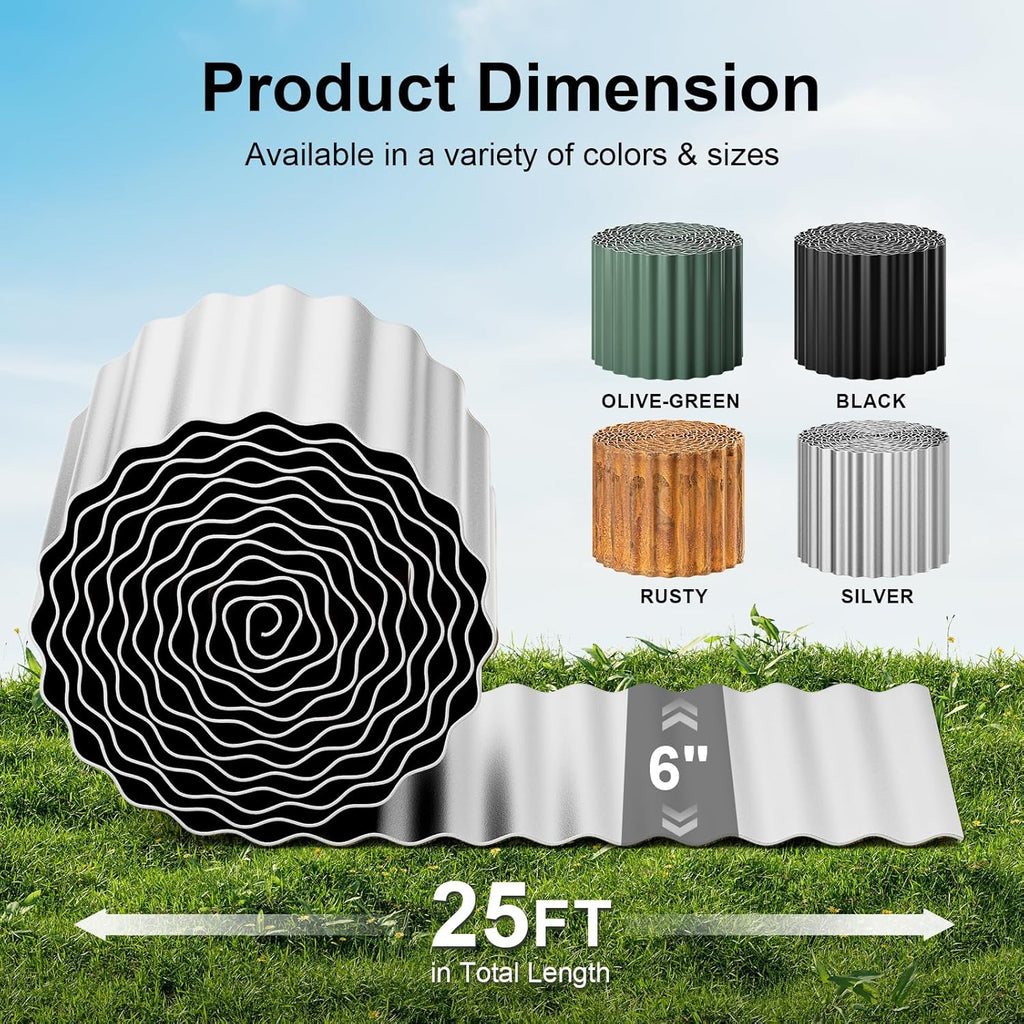 Land Guard Corrugated Garden Edging Border, 6" x 25' Landscape Paver Edging, Tall Landscape Edging, Fence for Garden, Flower Bed, Lawn and Landscape Edging (Silver)