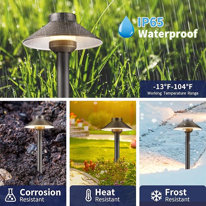 Brass Low Voltage Pathway Lights - 12V Landscape Path Lights Wired, LED Walkway Light Waterproof IP65, Hat Shaped ‎Classic Bronze for Outdoor Entrance Garden G4 Bulb Not Included (6 Pack)