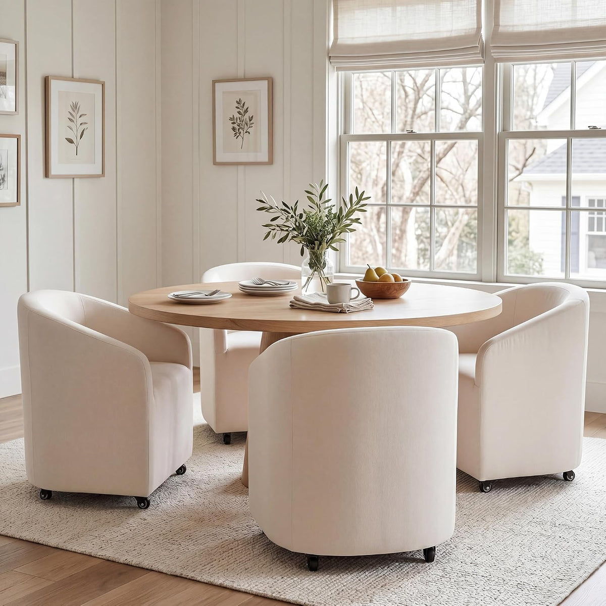 CIMOTA Linen Beige Barrel Dining Chairs with Wheels, Set of 2 — Modern Upholstered Swivel Dining Room Chairs on Casters for Kitchen or Living Room