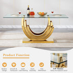 70 inch Tempered Glass Dining Table, Rectangular Glass Kitchen Table with Gold Stainless Steel C Shape Base, 4 to 6 Seater, Modern Dining Room Table for Daily Meals, Dinner Party, Family Gathering