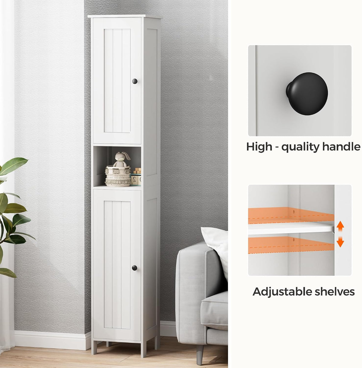Homleke Tall Bathroom Storage Cabinet with 2 Doors, Slim Bathroom Cabinet | Narrow Storage Cabinet with Adjustable Shelves, Anti-Tip Design, Reversible Door, Easy Assembly, White, 11.8''W