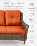 Patio Couch Outdoor Wicker Sofa - Heavy Duty All-Weather Brown Rattan 3-Seater with High Back and Comfy Thick Cushions for Garden Back Porch Poolside Apartment - Orange
