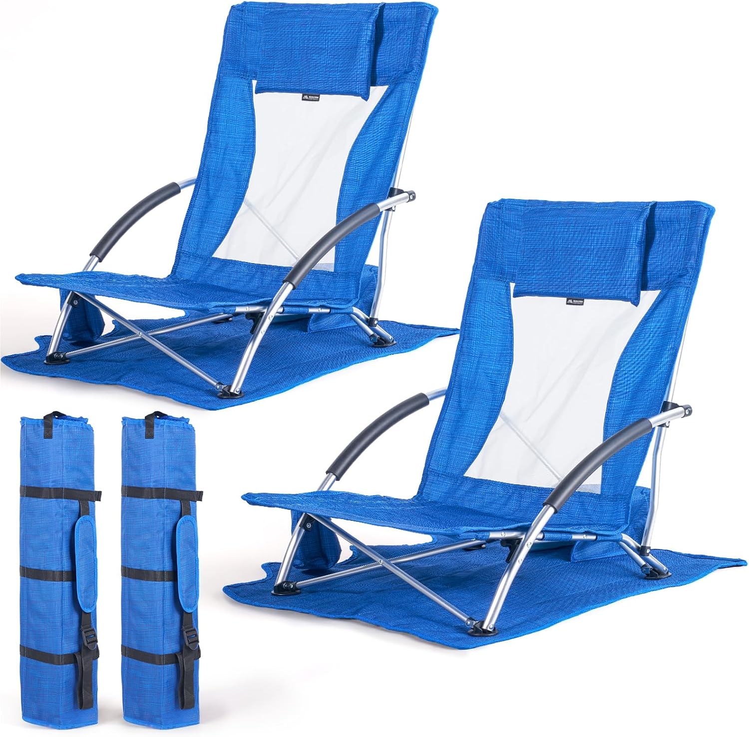 Huskfirm Low Beach Chairs 2 Pack, Lightweight Backpack Beach Chairs for Adults, Folding Aluminum Beach Chair with Cup Holder & Carry Bag, Heavy Duty Beach Chair Set for Beach, Camping, Concerts, Blue