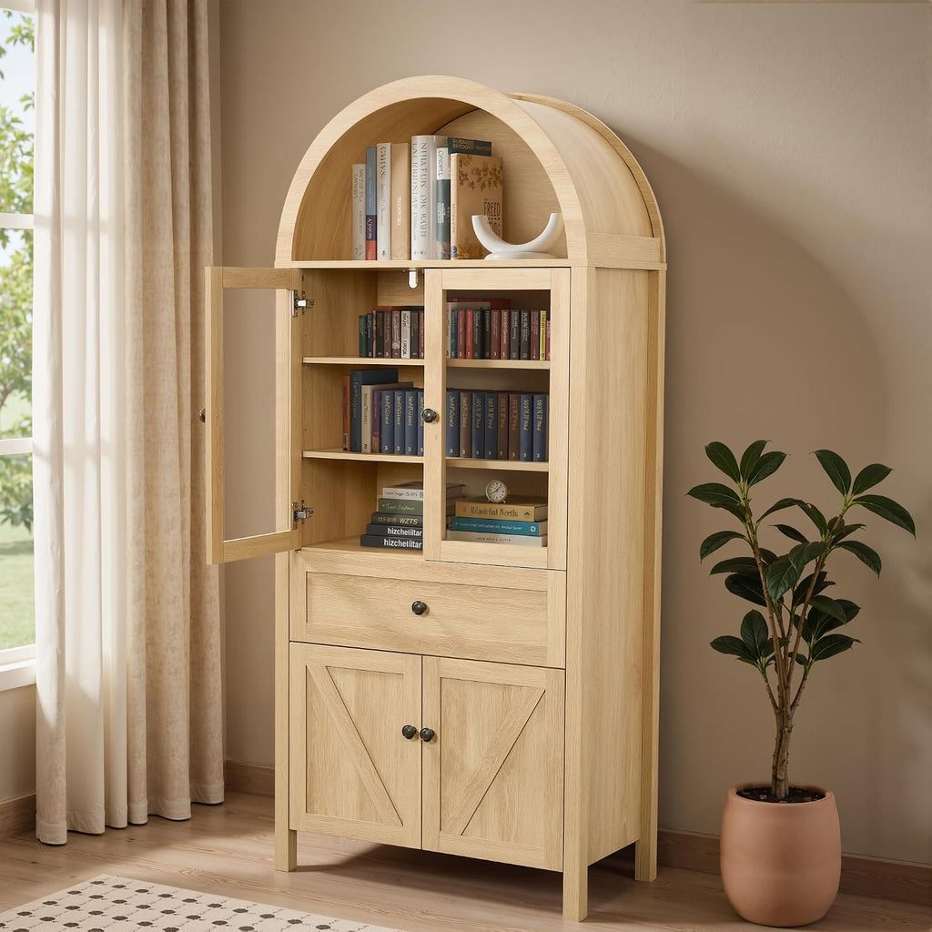 Arched Pantry Cabinet with Doors and Drawers,Farmhouse Kitchen Pantry Storage Cabinet,China Cabinets with Glass Doors,Dining Room Hutch(Natural)