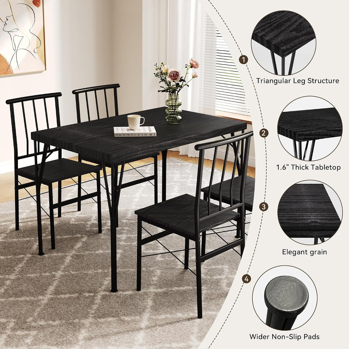 Dining Table Set for 4 with 1.6" Thick Tabletop, 5-Piece Kitchen Table Set, Space-Saving Rectangular Dining Room Kitchen Table Chair Set for Small Space,Dinette,Apartment,Rustic Black