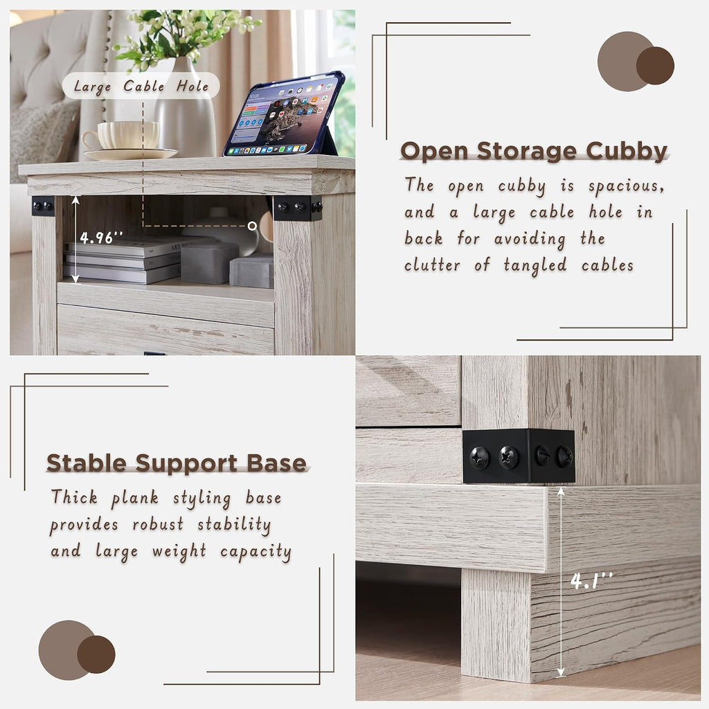 RedLemon Farmhouse Nightstand Set of 2 with Charging Station, 18" Rustic Night Stand with 2 Storage Drawers, Wood End Table for Bedroom, Living Room, Antique Brush White
