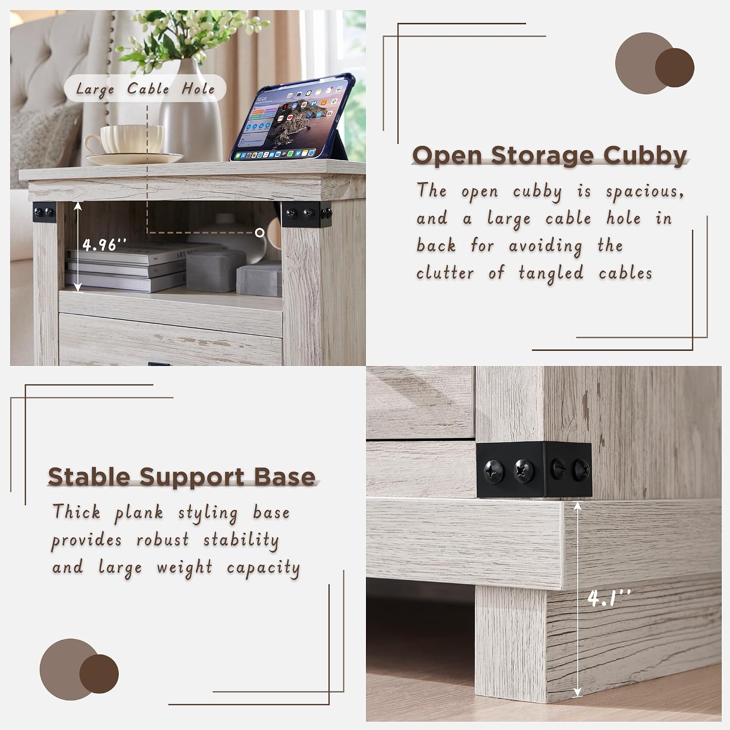 RedLemon Farmhouse Nightstand Set of 2 with Charging Station, 18" Rustic Night Stand with 2 Storage Drawers, Wood End Table for Bedroom, Living Room, Antique Brush White