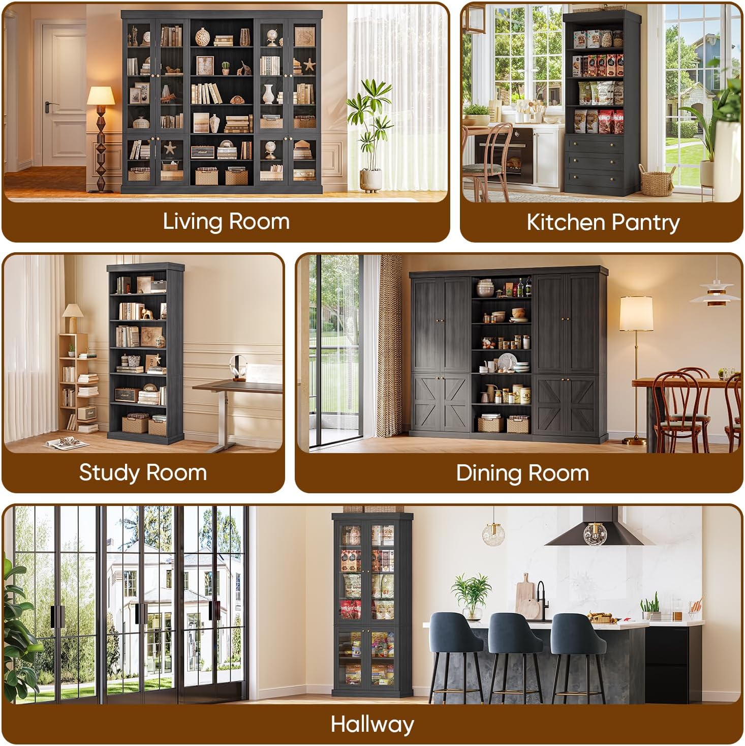 Vyre 70.8" Tall Kitchen Pantry Cabinet with Doors, Farmhouse Modular Storage Cabinet with 4-Tier Adjustable Shelves, Large Storage Cabinet for Kitchen or Living Room, Set of 2, Black