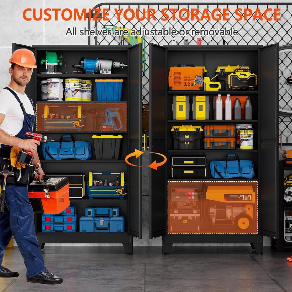 GAIOUS 75'' Tall Metal Garage Storage Cabinet, File Cabinet with 2 Doors and 5 Adjustable Shelves, Black Outdoor Steel Tool Cabinets for Home Office,Warehouse,Garage