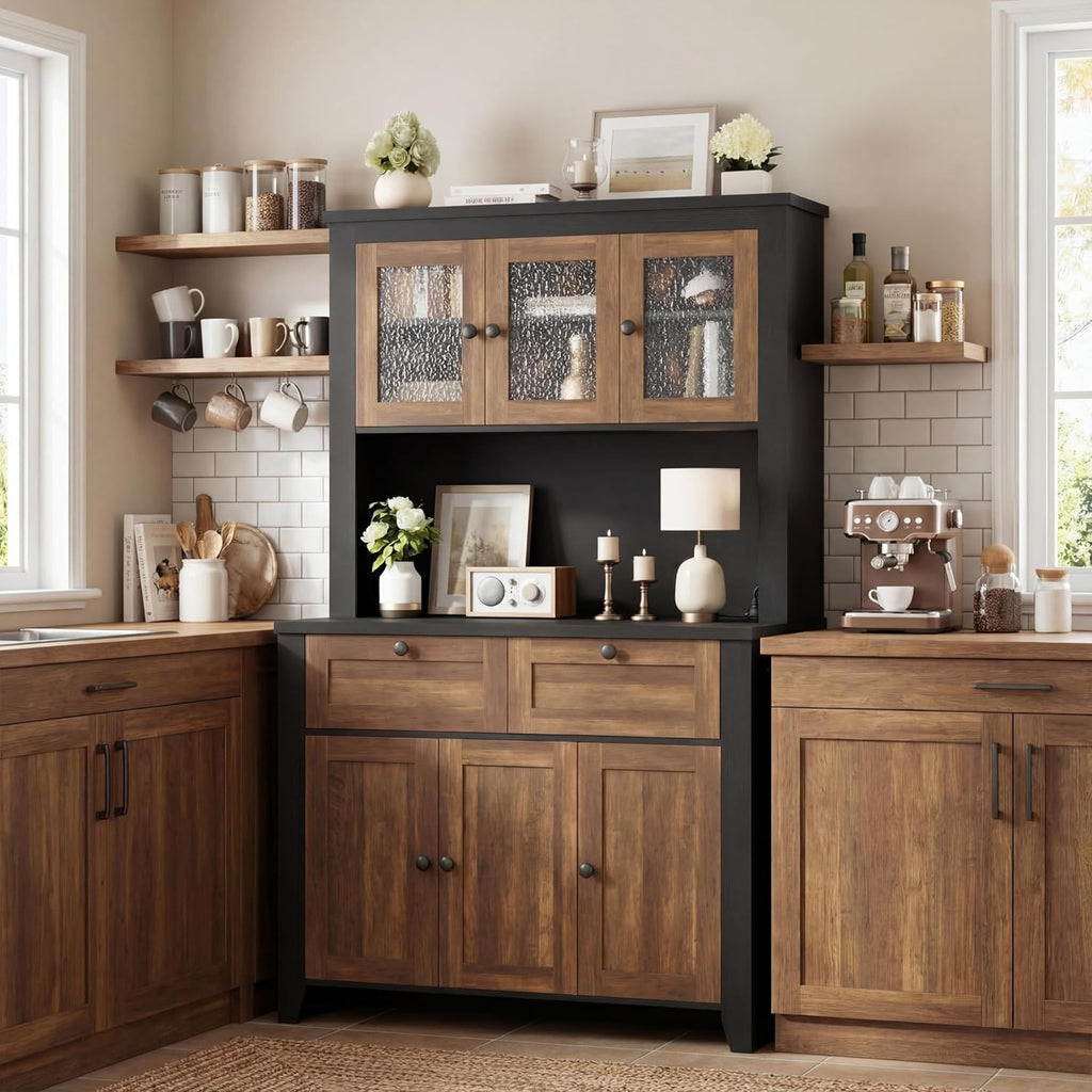 Garvee 66" Tall Pantry Cabinet with LED Lights & Charging Station, Kitchen Pantry Storage Cabinet Kitchen Hutch Coffee Bar with Adjustable Shelves for Dining Room, Living Room