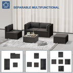 SUNCROWN 5-Piece Outdoor Patio Furniture Set, All-Weather PE Rattan Sectional Sofa with Ottoman, Glass Coffee Table & Cushions, Modular Wicker Conversation Set for Backyard, Garden, Porch, Dark Grey