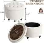 24 Inch Round Storage Ottoman,Modern Tufted Ottomans,Circular Coffee Table with Removable Top,Upholstered Large Ottoman with Storage Footrest Stool for Bedroom Living Room (White)
