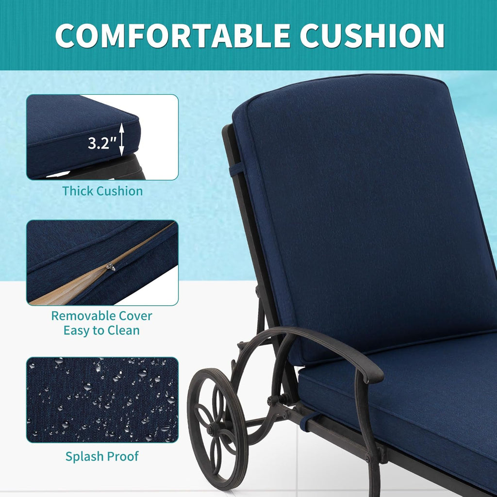 HOMEFUN Chaise Lounge Chair Outdoor - Poolside Chairs Set of 2 with Cushion Cast Aluminum Waterproof Lounger with Wheels and Adjustable Reclining, Pack of 2 (Navy Blue Cushion)