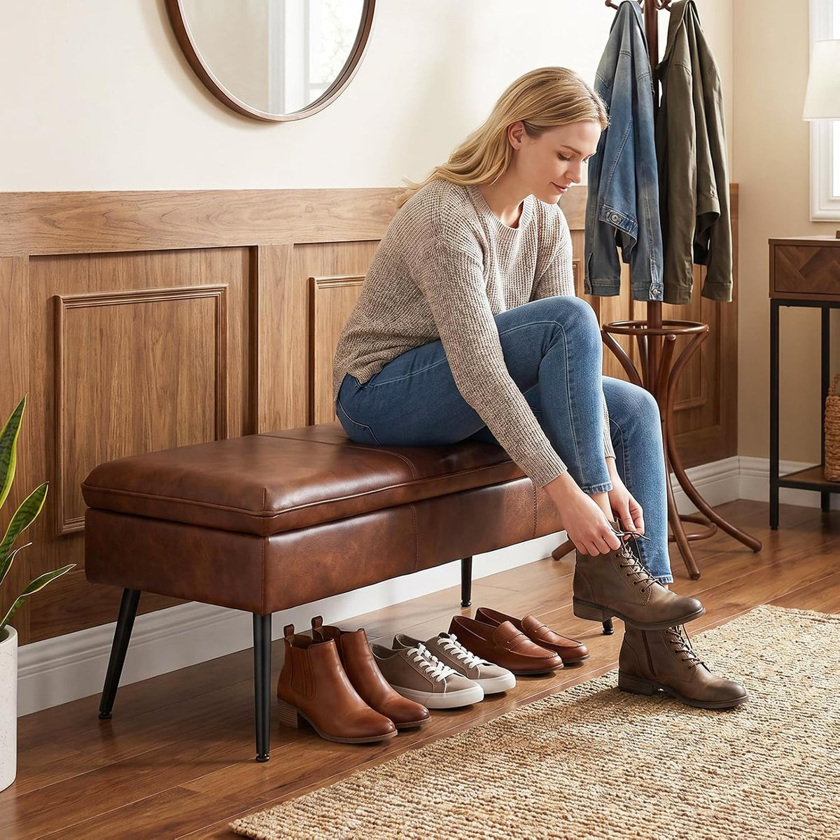Ottoman with Storage Bench, Upholstered Large Entry Bench Brown | 43.3" Mid-Century Modern End of Bed Bench w/ Flip-Lid Metal Legs Padded Seat for Living Room Bedroom Entryway, Faux Leather