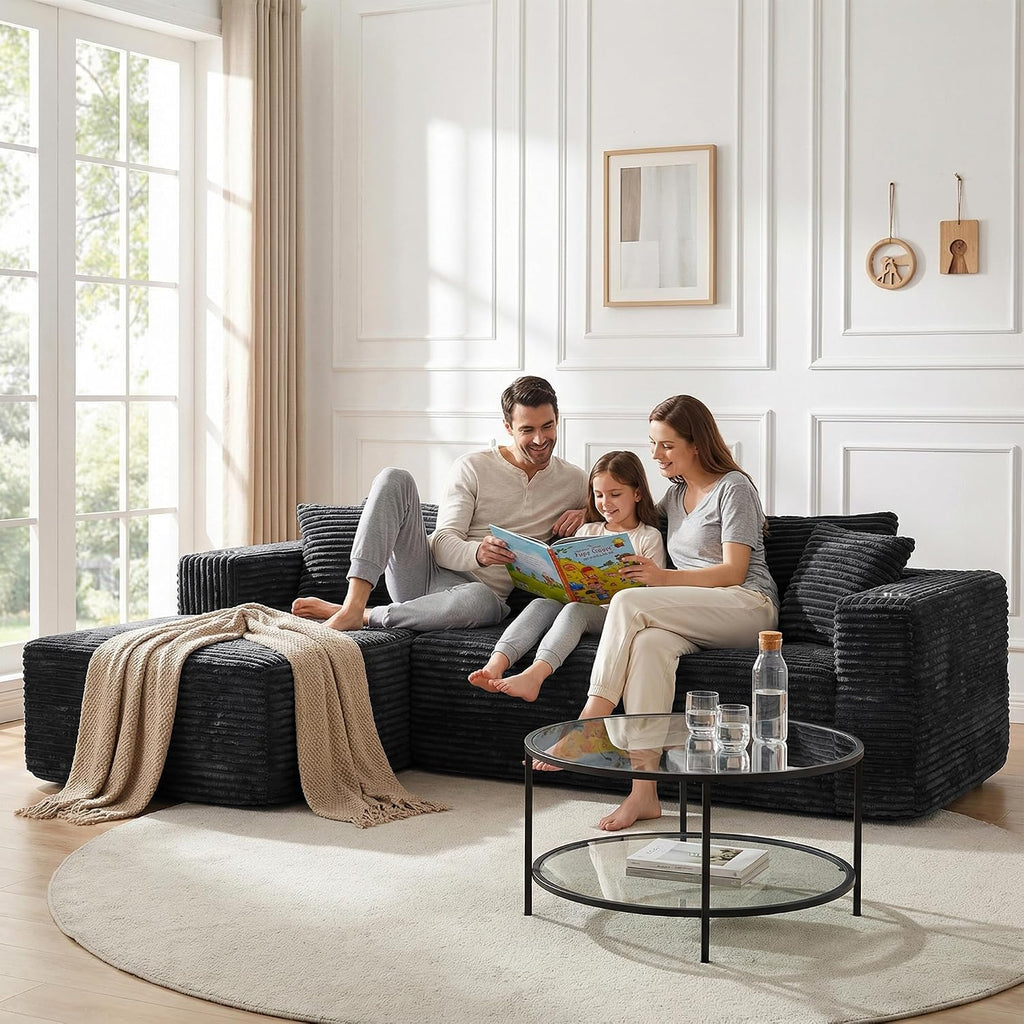JAMFLY 103" Modular Sectional Sofa for Small Spaces, No Assembly, Black | Pet-Friendly Corduroy, High Back Support, Compact for Apartments, Ready to Use, Deep Seat & Memory Foam