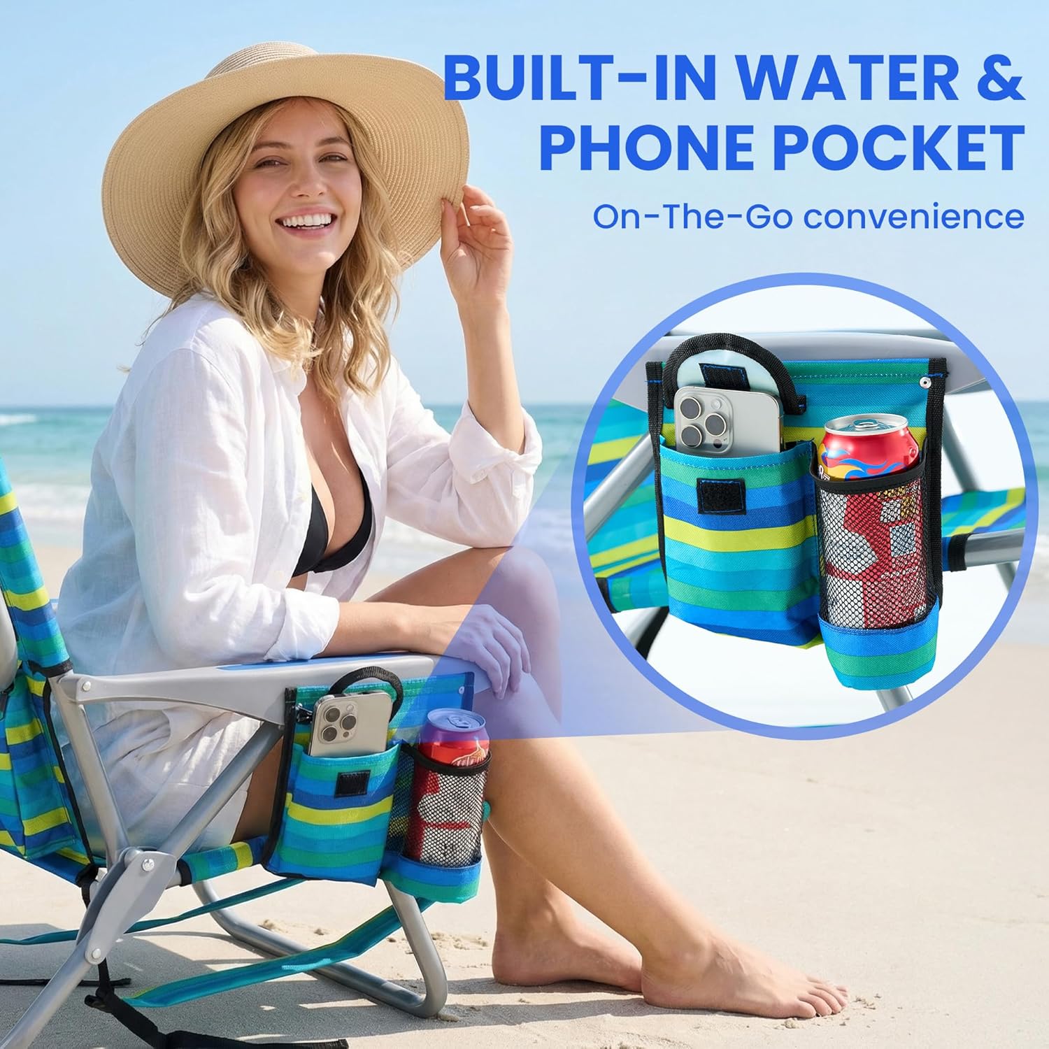 Portable Beach Chair for Adults, Outdoor Lightweight Camping Chair Lay Flat Folding Backpack Beach Reclining Chair with 5 Positions, Headrest, Zipper Pouch, Cup Holder, NEW Striped