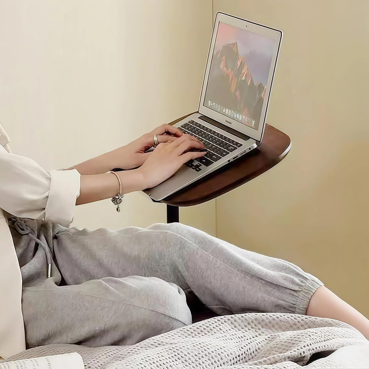 Modern C Shaped Side Table, with Adjustable Height and Swivel Top Sofa Table, Laptop Table for Living Room, Bedroom, Study and Small Spaces, Walnut Wood