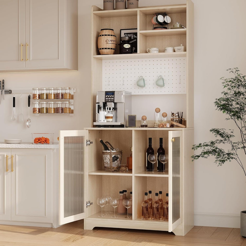 71" Kitchen Pantry Cabinet, Wooden Tall Sideboard Buffet Cabinet with 6 S-shaped Hooks, Pegboard and Hutch, Microwave Stand, Pantry Storage Organizers Coffee Bar for Dining Room or Living Room, Oak