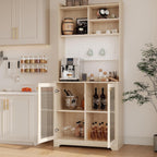 71" Kitchen Pantry Cabinet, Wooden Tall Sideboard Buffet Cabinet with 6 S-shaped Hooks, Pegboard and Hutch, Microwave Stand, Pantry Storage Organizers Coffee Bar for Dining Room or Living Room, Oak