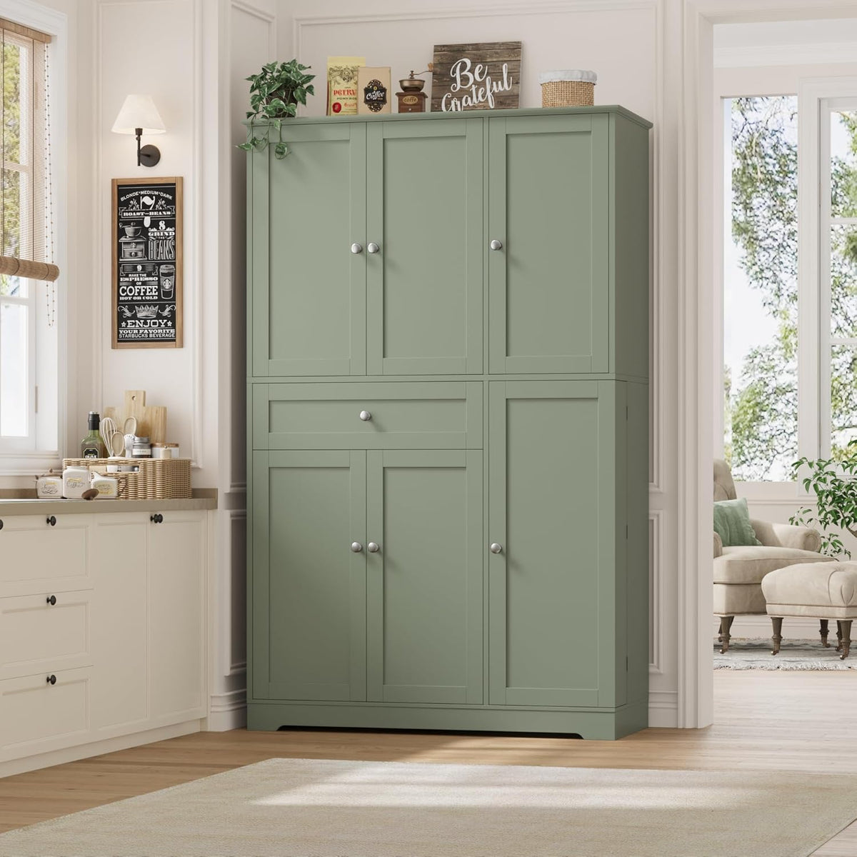 HOSTACK 68" Tall Kitchen Pantry Storage Cabinet with Doors & Shelves, Green | Large Pantry Cabinet with Door Rack, Freestanding Kitchen Storage Cabinet with Drawer, Food Pantry for Dining Living room