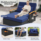 Moccha Outdoor Wicker Daybed, Patio Rattan Loveseat Sofa w/ 4-Level Adjustable Backrest, Folding Panels, Storage Ottoman & Cushions, Lounge Furniture Set for Poolside Backyard Porch (Navy & Black)
