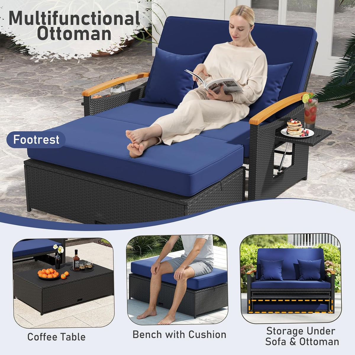 Moccha Outdoor Wicker Daybed, Patio Rattan Loveseat Sofa w/ 4-Level Adjustable Backrest, Folding Panels, Storage Ottoman & Cushions, Lounge Furniture Set for Poolside Backyard Porch (Navy & Black)