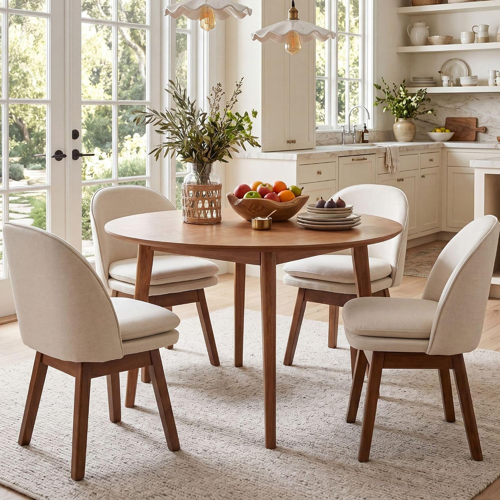 ROCITY Swivel Dining Chairs Set of 4, Beige Linen Kitchen Chairs with Solid Wood Legs, Mid Century Modern Upholstered Dining Room Chair Armless Accent Chair for Kitchen/Restaurant