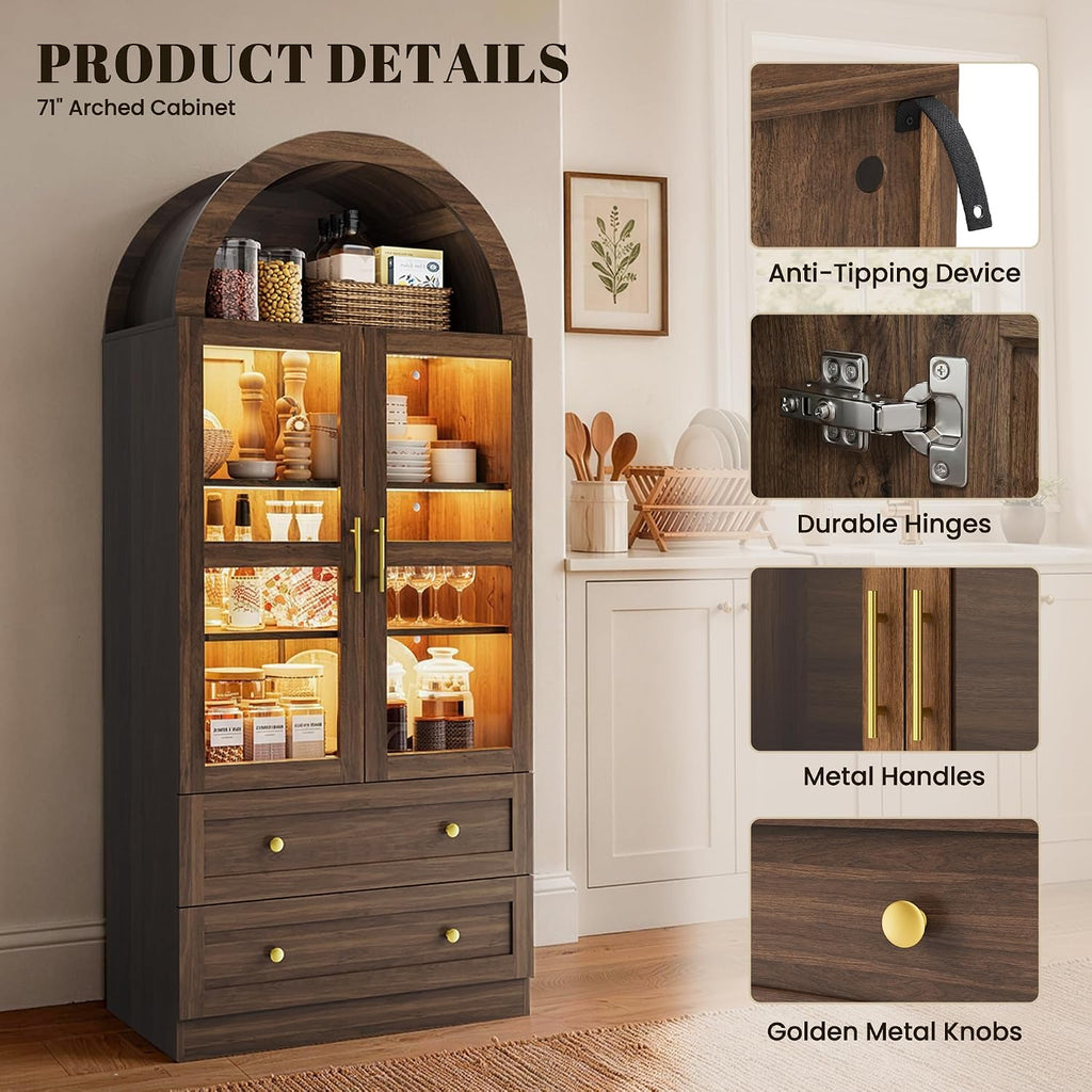 71" Tall Arched Kitchen Pantry Cabinet with LED Light, Modern Farmhouse Kitchen Storage Cabinet with 2 Large Drawers & Glass Doors, Versatile Cupboard for Living Room, Dining Room, Brown