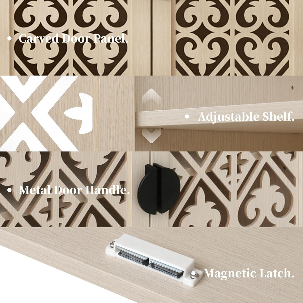 Decorative Storage Cabinet Sideboard with Hollow Carved Panels, 2 Doors, Natural Wood, 29.8 x 31.6 x 15.8 Inches. [Beige, 1pc]