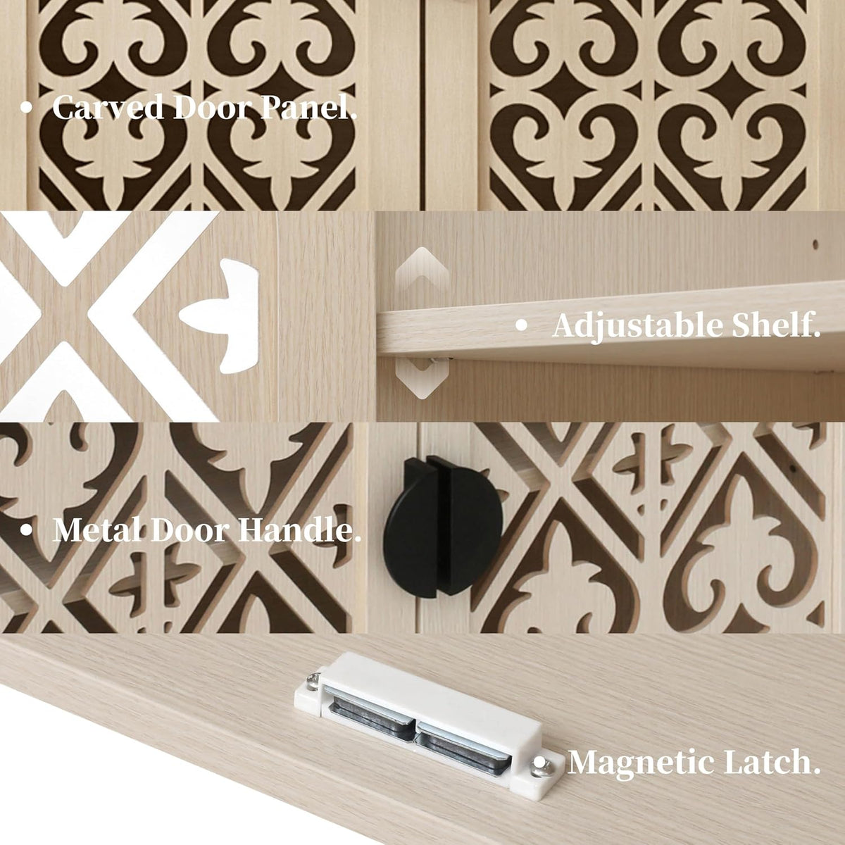 Decorative Storage Cabinet Sideboard with Hollow Carved Panels, 2 Doors, Natural Wood, 29.8 x 31.6 x 15.8 Inches. [Beige, 1pc]