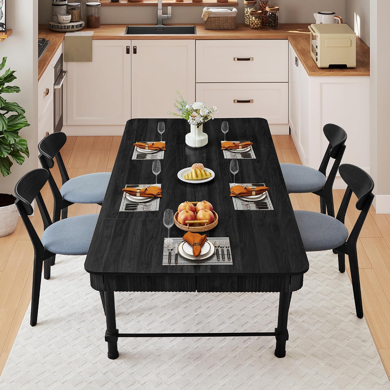 78 Inch Fluted Kitchen Dining Table for 6 8 10, Large Rectangular Kitchen Table with Drawers, Mid Century Modern Long Dinner Table Dining Room Tables with Solid Wood Legs for Home Living Room, Black