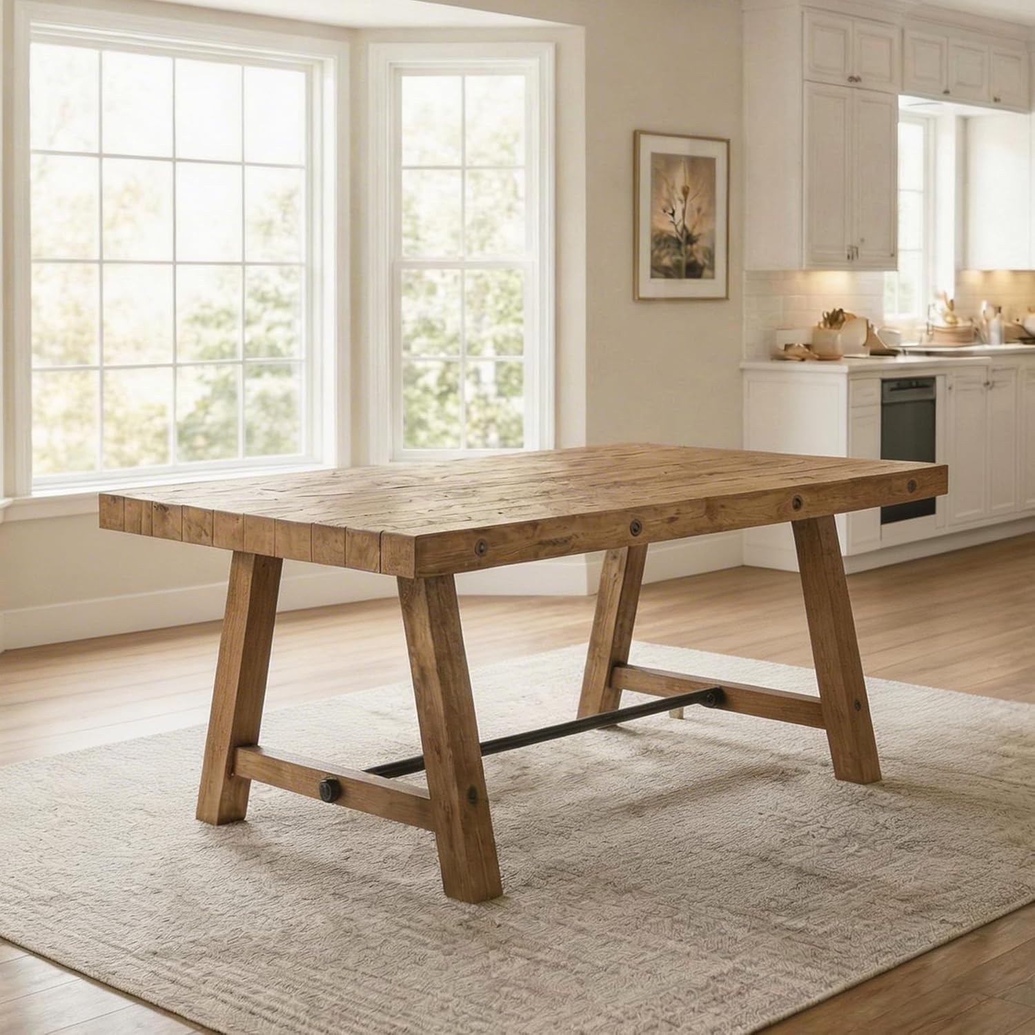 chairus 59'' Farmhouse Dining Table, Solid Wood Rustic Kitchen Table with Metal Stretcher, Large Rectangular Wooden Dining Room Table for Living Room/Home Office, Easy Assembly, Light Walnut