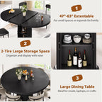 Jocoevol Extendable Round Kitchen Dining Room Table for 4-6 with 2-Tier Storage Shelf, 63'' Space Saving Expandable Wood Oval Circle Dinner Furniture with Pedestal Base(Black)