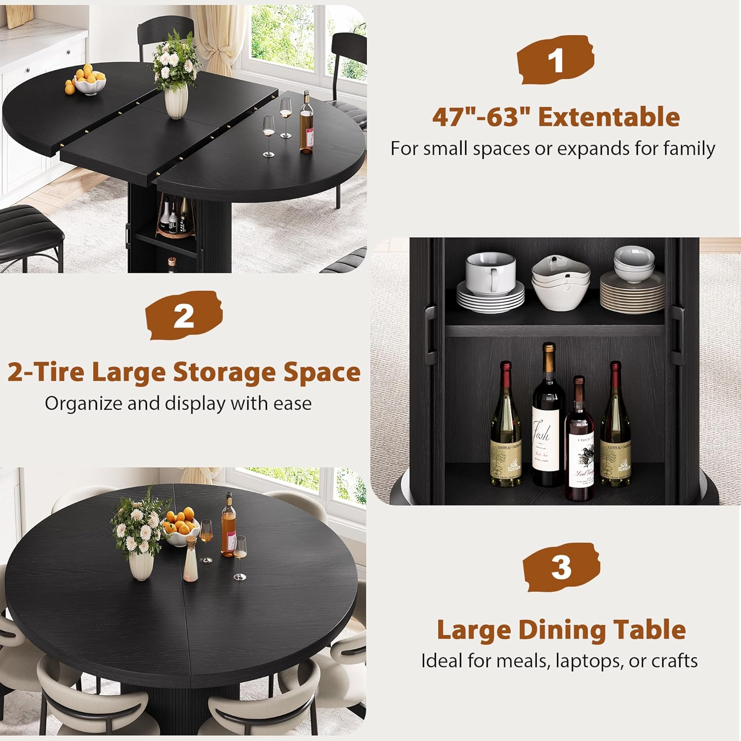 Jocoevol Extendable Round Kitchen Dining Room Table for 4-6 with 2-Tier Storage Shelf, 63'' Space Saving Expandable Wood Oval Circle Dinner Furniture with Pedestal Base(Black)