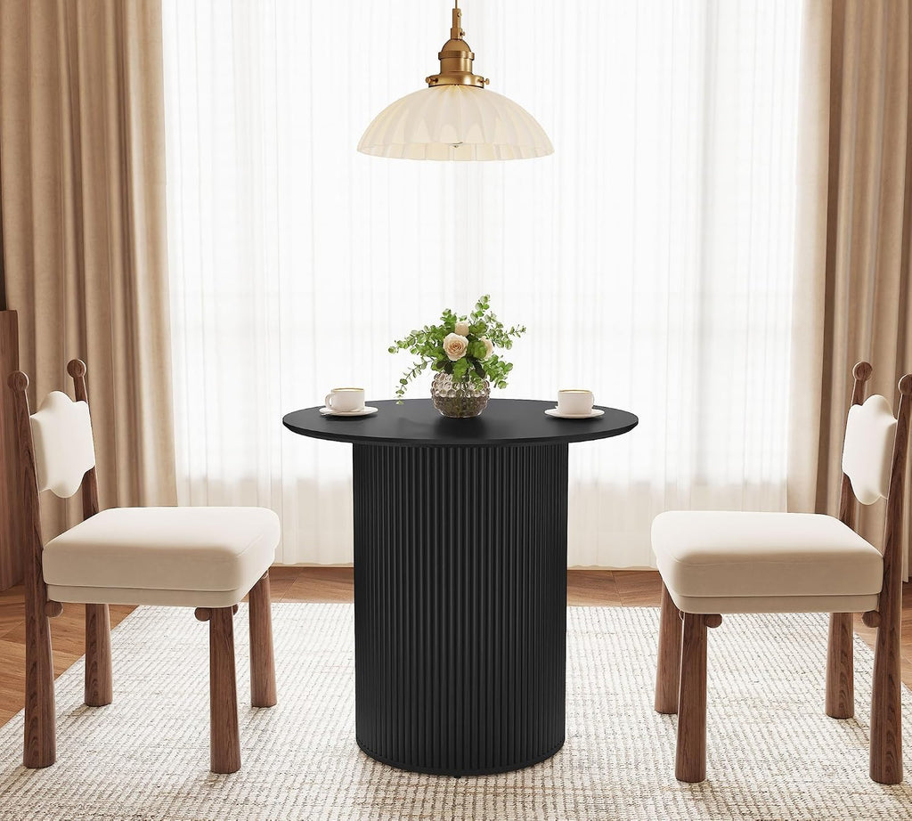 31.5 inch Round Dining Table for 2, Farmhouse Wood Fluted Dinner Round Kitchen Table with Wood Fluted Base, Mid-Century Modern Small Circle Dining Room Ta ble for Kitchen Living Room (Black)