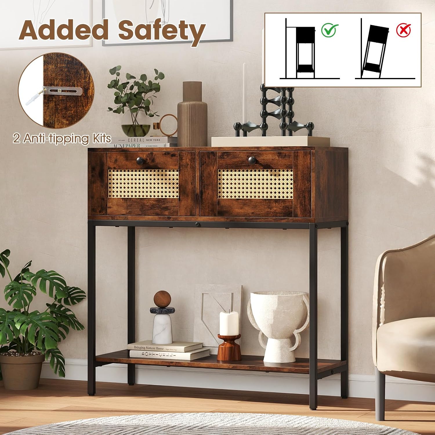 GOFLAME Rattan Console Table, Boho Entryway Table with 2 Drawers & Open Storage Shelf, Narrow Long Sofa Table with Metal Legs, Foyer Table Behind Couch Table for Living Room, Hallway, Rustic Brown
