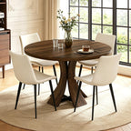 43.3" Round Dining Table Set for 4, 5 Piece Farmhouse Kitchen Table Set with 4 PU Chairs, Mid Century Modern Dining Table with Curved Solid Wood Frame for Dining Room, (Walnut Table+4 Beige Chairs)