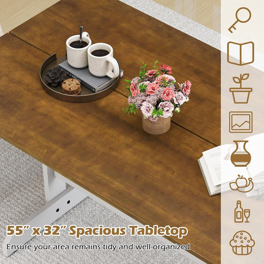 Giantex 55" Dining Table for 4-6, Farmhouse Kitchen Table with H-Shaped Rubber Wood Leg, Adjustable Foot Pads, Rectangular Wood Dinner Tables for Dining Room, Home Office, Living Room, Dinette