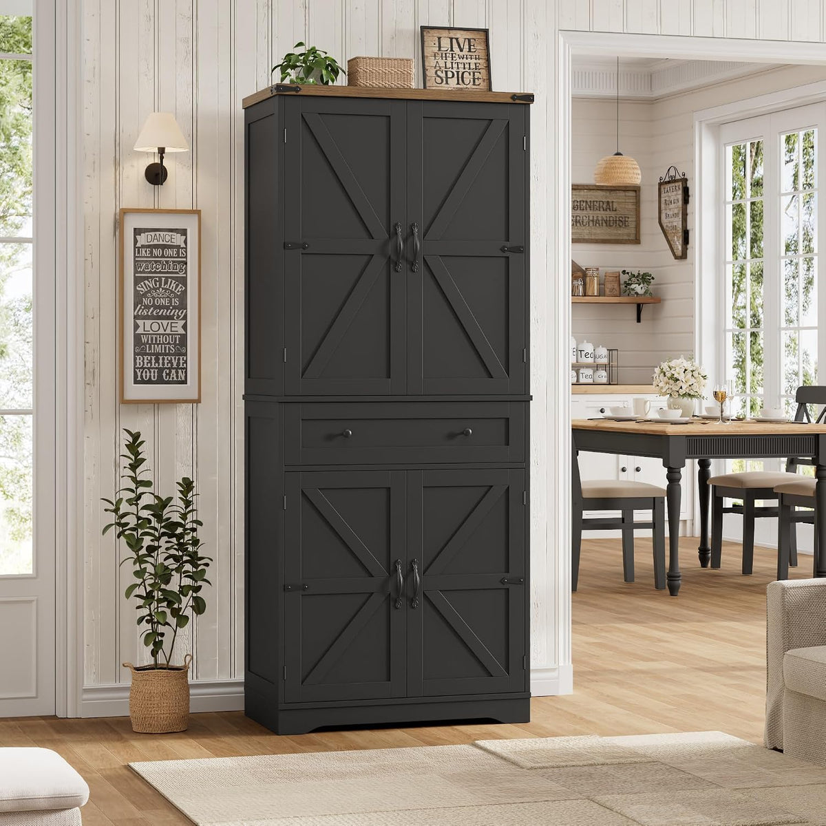 HOSTACK 71" Tall Pantry Cabinet, Farmhouse Kitchen Pantry with Storage Shelves, Barn Doors Food Storage Cabinet, Freestanding Kitchen Hutch with Large Drawer for Dining Room, Living Room, Black