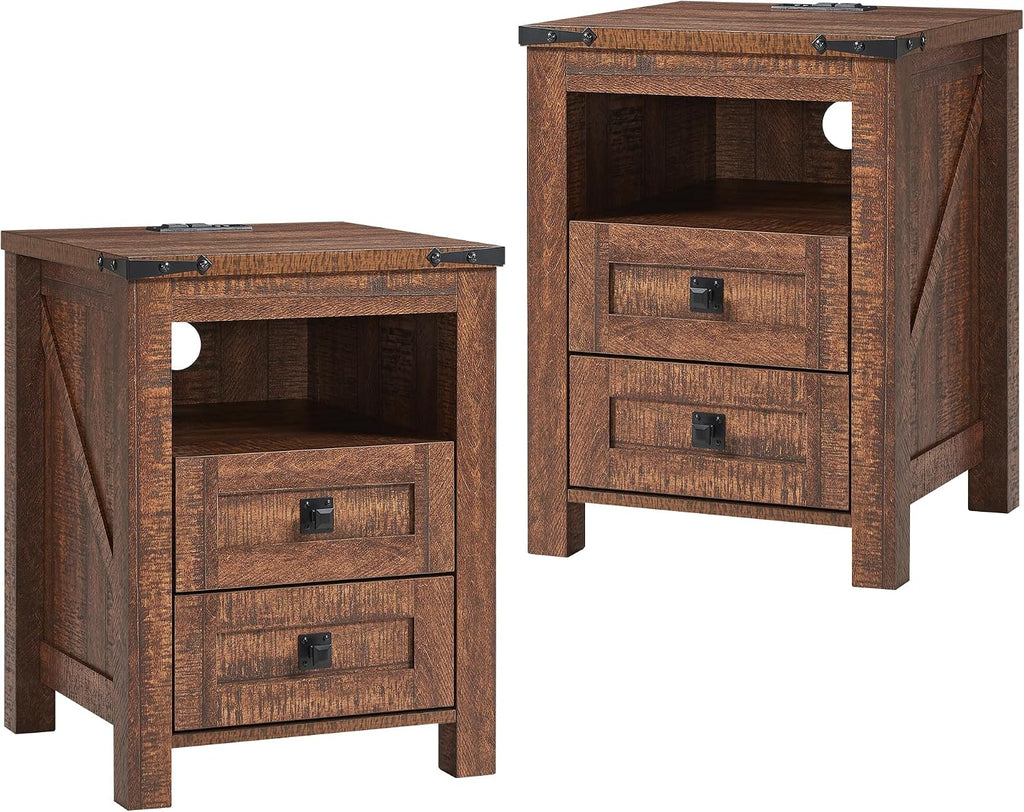 T4TREAM 18" Farmhouse Nightstand Set of 2, Reclaimed Barnwood | Charging Station, Rustic End Table, Open Shelf, 2 Drawers, Living Room, Side Table, Wood Bedside Table, Unique Corner Accent