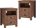 T4TREAM 18" Farmhouse Nightstand Set of 2, Reclaimed Barnwood | Charging Station, Rustic End Table, Open Shelf, 2 Drawers, Living Room, Side Table, Wood Bedside Table, Unique Corner Accent
