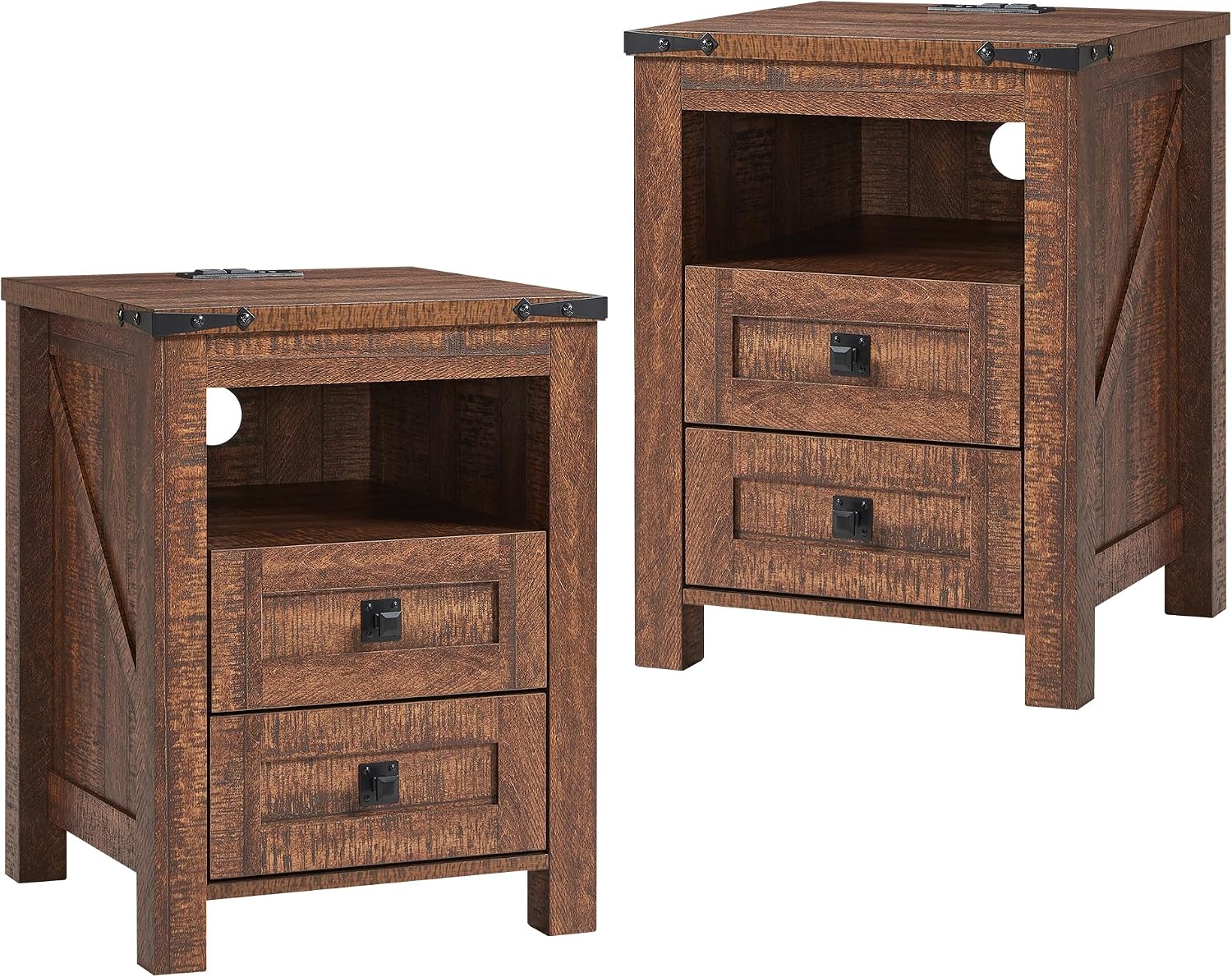 T4TREAM 18" Farmhouse Nightstand Set of 2, Reclaimed Barnwood | Charging Station, Rustic End Table, Open Shelf, 2 Drawers, Living Room, Side Table, Wood Bedside Table, Unique Corner Accent