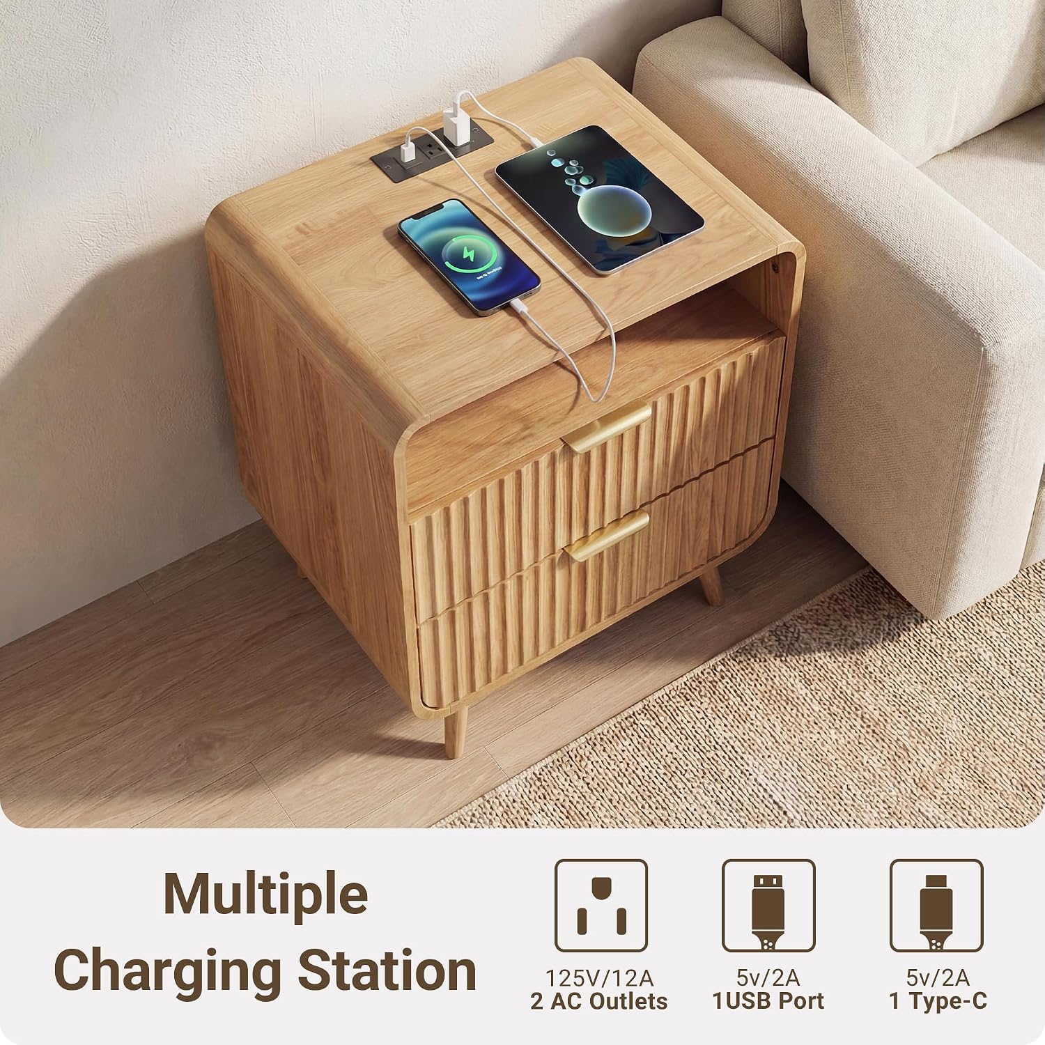 24" Curved Nightstand Set of 2,Night Stand with Charging Station & LED Light,Modern Fluted Bedside Table with 2 Drawers,Wooden End Table with Open Shelf for Bedroom,Natural