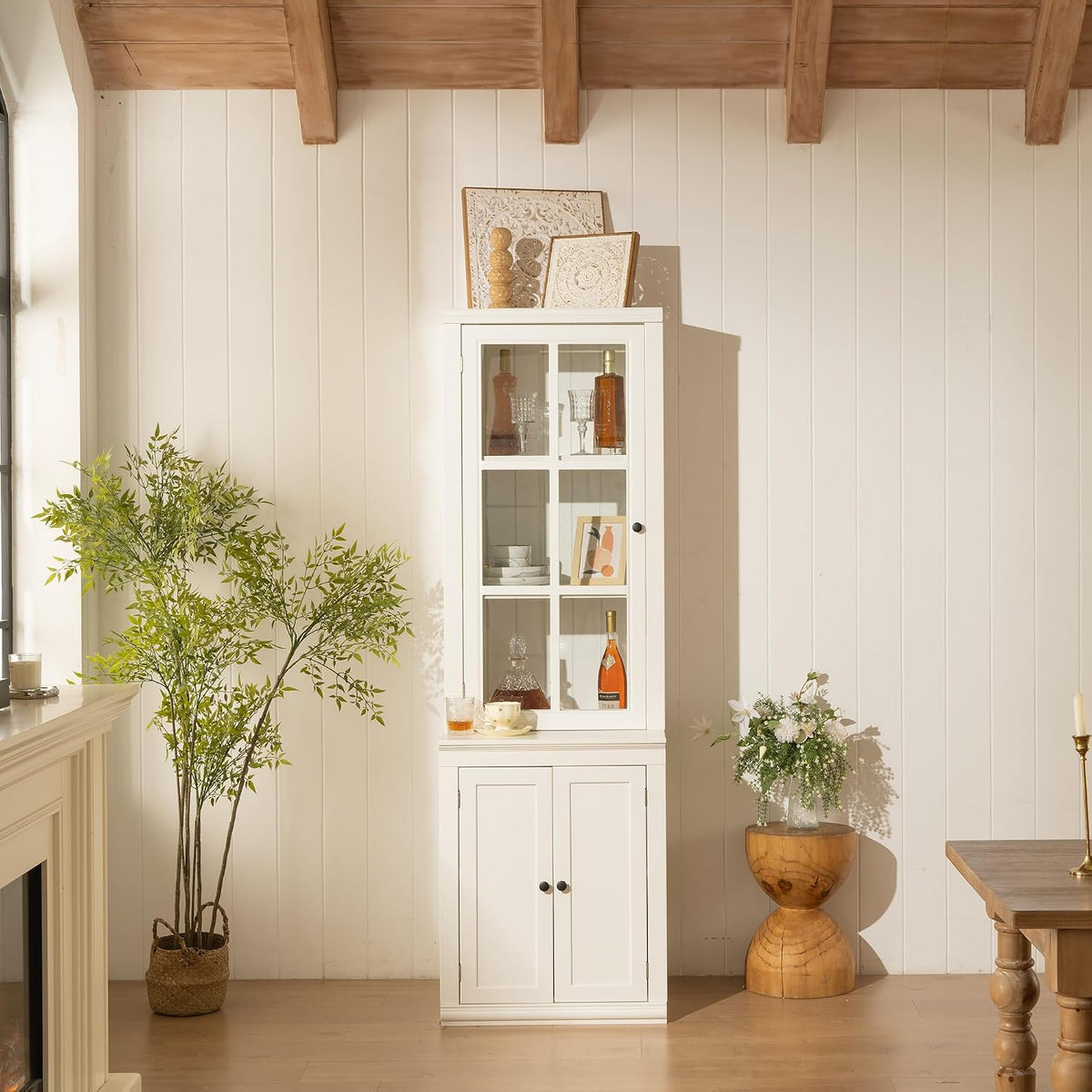 Havemies 75" Freestanding Pantry Cabinet with Glass Lattice Door, Large Farmhouse Kitchen Storage with Double-Action Hinges for Dry Food & Supplies, White