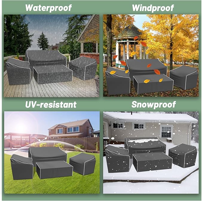 Gasadar Patio Furniture Cover 4-Piece Set, Heavy Dut 600D Outdoor Furniture Cover Waterproof for Lawn Patio Chairs, Loveseat and Coffe table, Grey