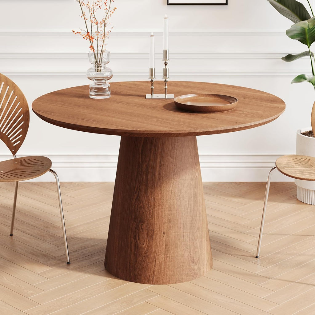 43" Round Dining Table Modern for 4, Natural Wood Grain Circle Kitchen Table with Cone Wood Pedestal Base, Mid Century Circular Dining Table for Living Room, Walnut