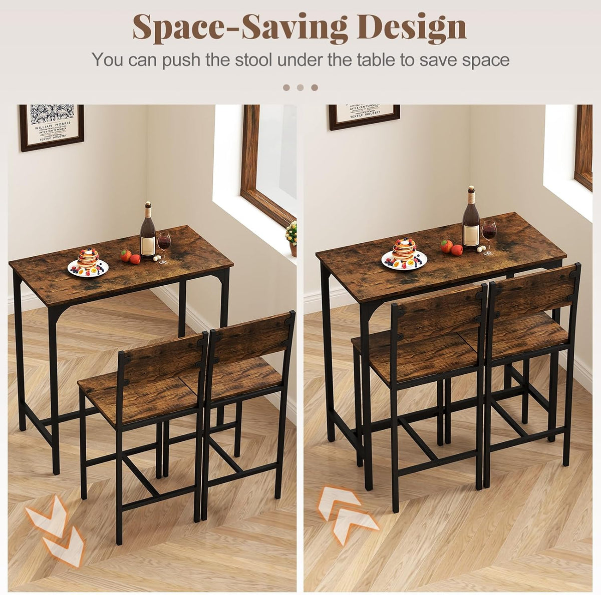 GIANTEX 3-Piece Bar Table and Chair Set with 2 Counter Height Bar Stools, Breakfast Nook Table Set for Small Space, Dinette, Pub, Kitchen, Apartment, Restaurant, Dining Table Set for 2 (Brown)