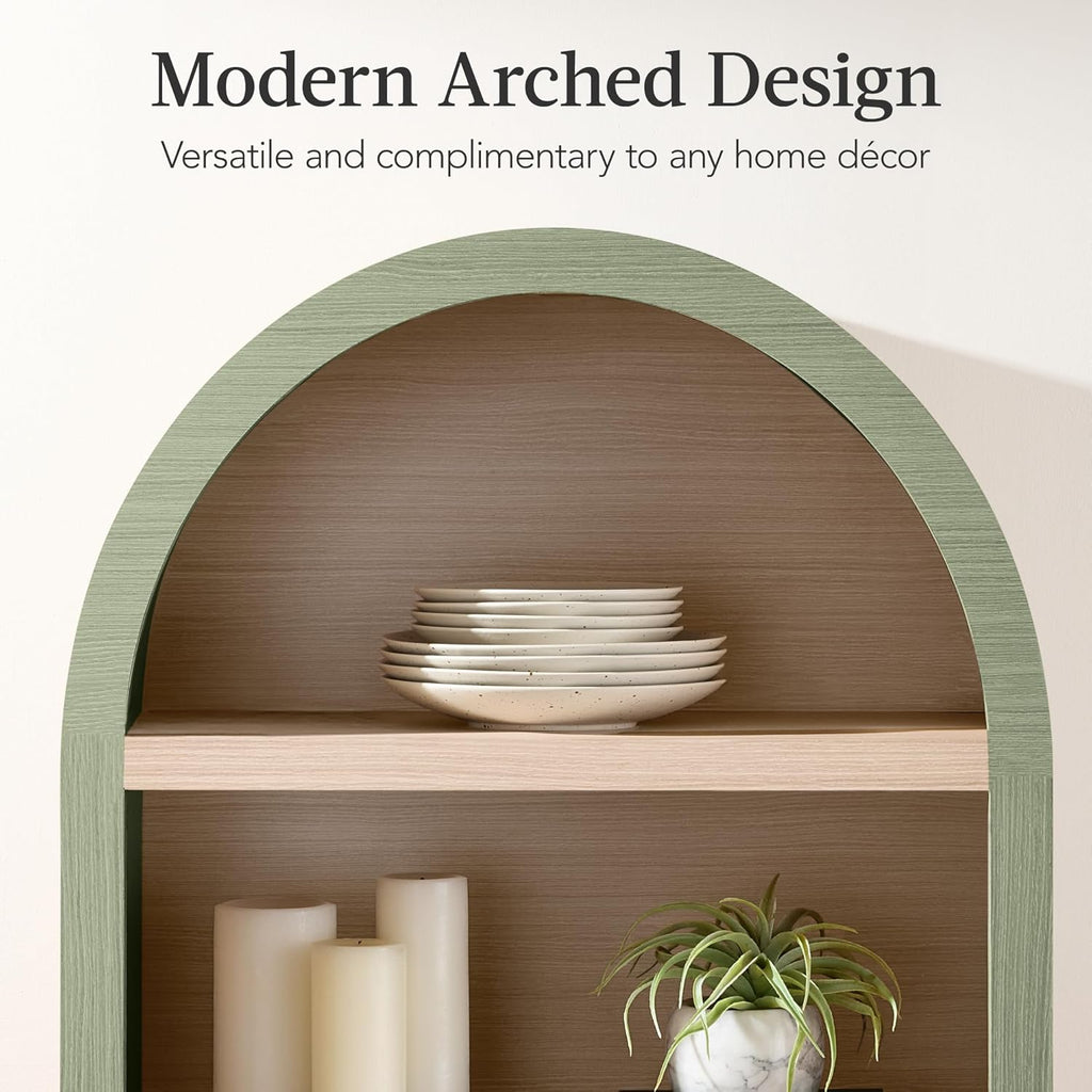 Best Choice Products 72" Tall Arched Pantry Cabinet w/Reeded Doors, 5-Tier Bookshelf, Armoire, Hutch, Bookcase, Storage Cabinet w/Adjustable Shelves, for Dining Room and Livingroom - Sage